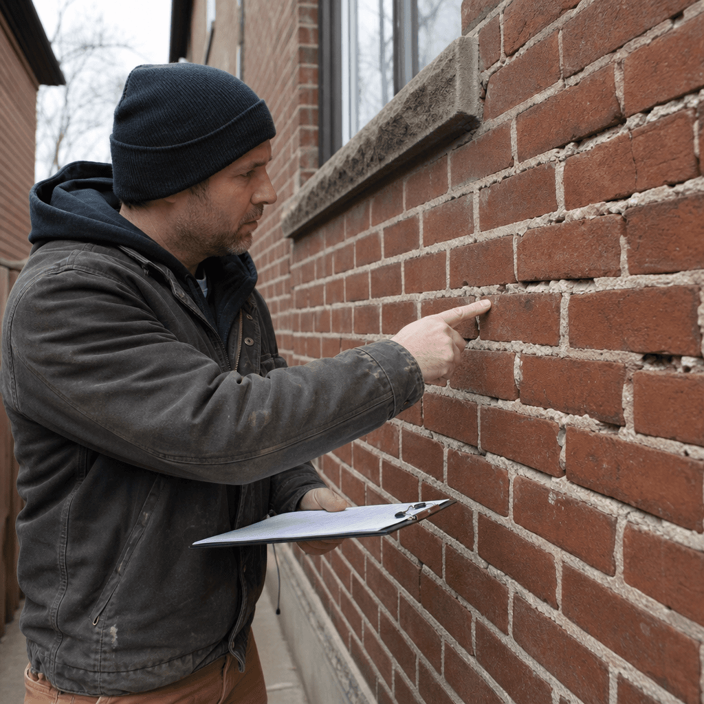 Masonry contractor inspecting brick mortar joints on a Toronto home