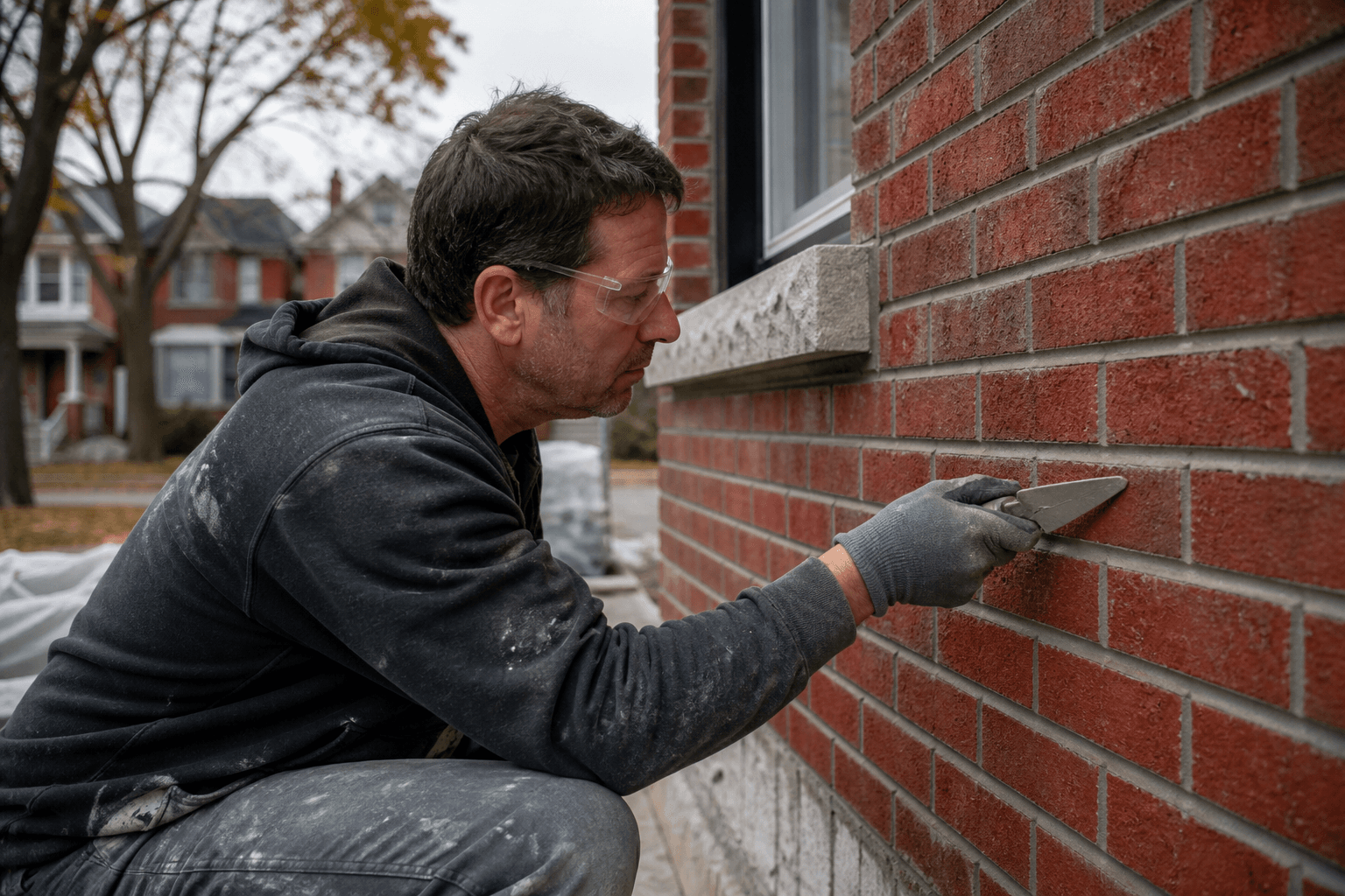 Elite Toronto Masonry crew performing precision brick repointing on a Toronto home